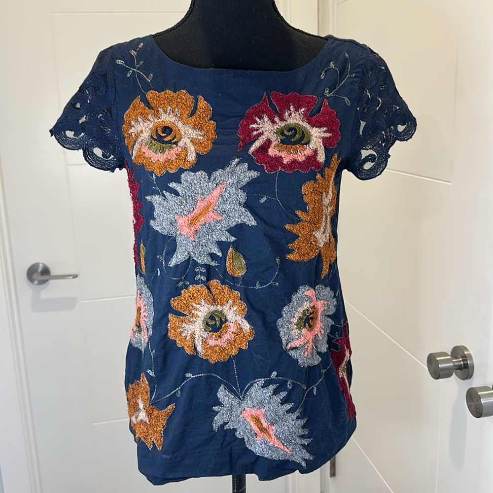 ANTHROPOLOGIE DELETTA Top Embroidered Floral Boho textured Bohemian Size S - Picture 4 of 17
